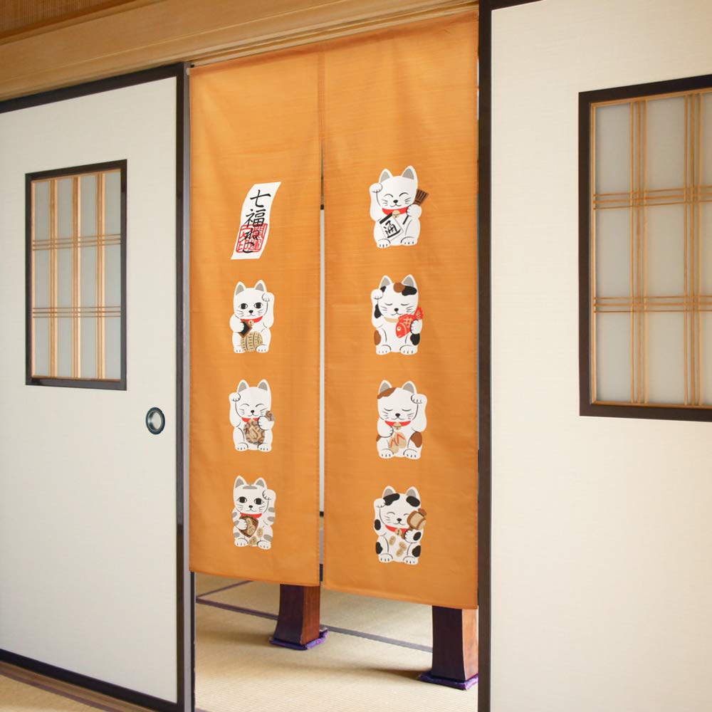 Noren Kobo Noren Japanese Width 85cm x Length Maneki Lucky Seven Lucky 10756 Curtain, Pattern, Cat, 150cm, Neko, Charm, Cats, Yellow,