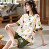 Хлопковая ночная рубашка, летние женские шорты с коротким рукавом, мультфильм, пуловер с круглым вырезом, свободная ночная рубашка, домашняя одежда, комплект из 2 предметов, одежда для сна