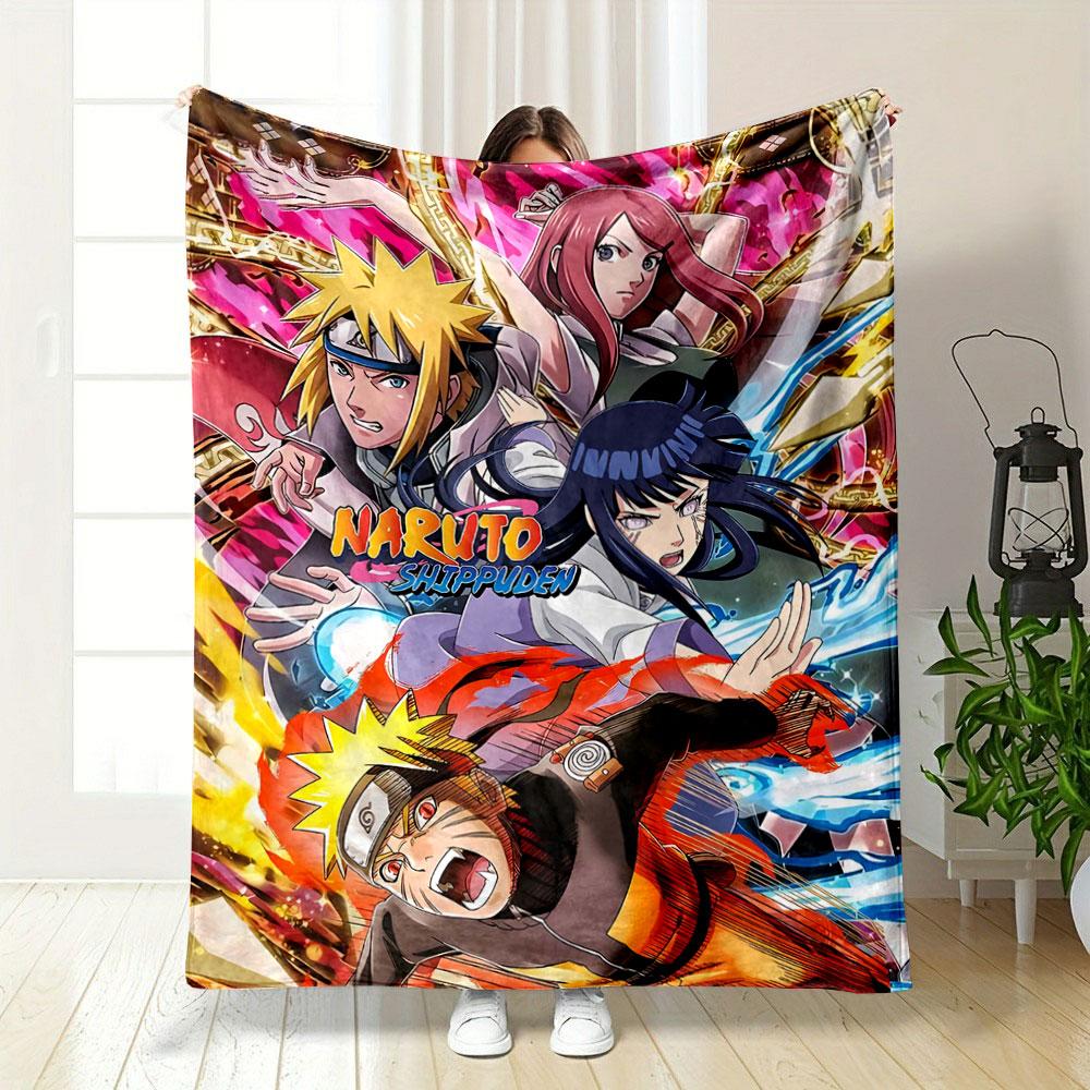 Dynamic anime scene featuring vibrant characters with fiery and glowing effects. for all seasons blanket lunch break throw gift