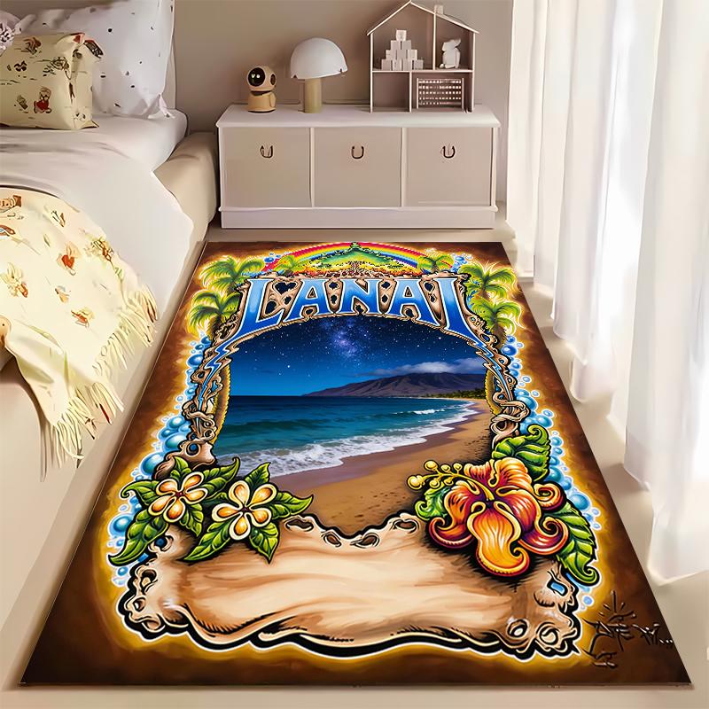 Коврик для пляжа Lanai с райским островом, ночным небом и цветочной каймой. Подходит для использования в качестве противоскользящего покрытия для диванов в гостиной и спальне.