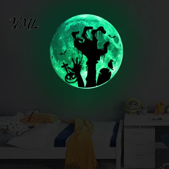 Removable Window Decoration Halloween Glow in The Dark Wall Stickers, Moon Bat Tombstone Raven Luminous Decorations Ghost Decals, Waterproof