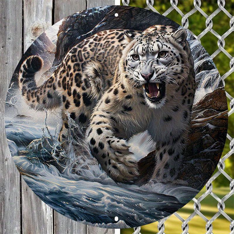 Round Wooden Snow Leopard Art Sign, Waterproof HD Print, Pre-Drilled Wooden Wall Decor, Decorative Wall Poster, 8in, 11.8in, 1PC