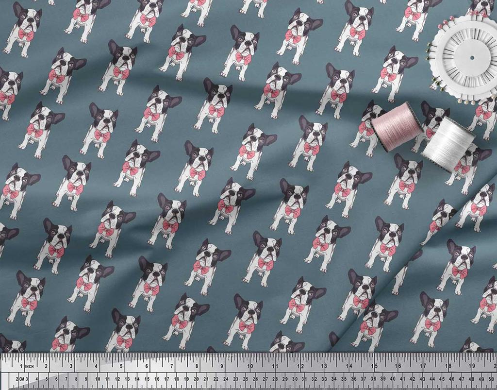 Soimoi Japan Crepe Satin Fabric Bow & Boston Terrier Dog Print Fabric by the Metre 42 Inch