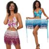 Belly Dance Skirt Layer Tassel Hip Scarf with Sequins Bohemian Elastic Waist Wrap Party Club Indian Latin Hula Dancer Performance Dress for Women