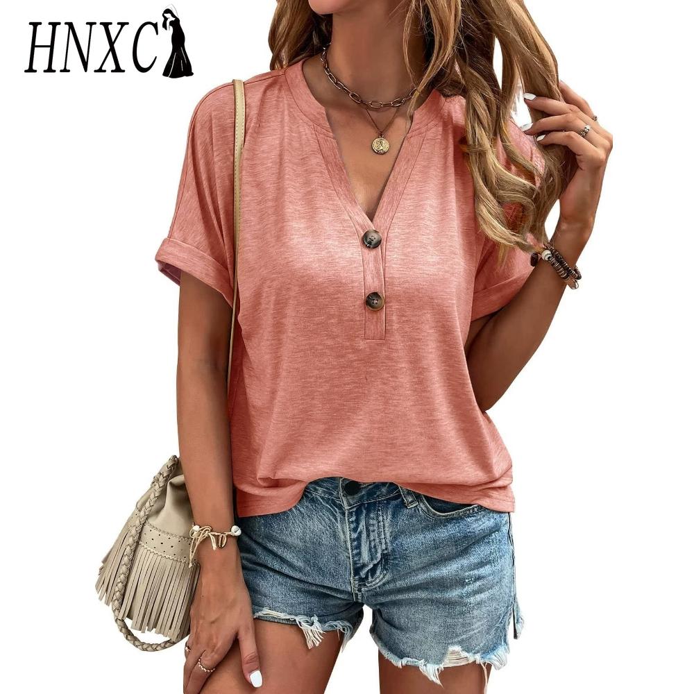 HNXC Women's Fashion Casual Solid Color Print Short Sleeve V Neck Blouses & Shirts