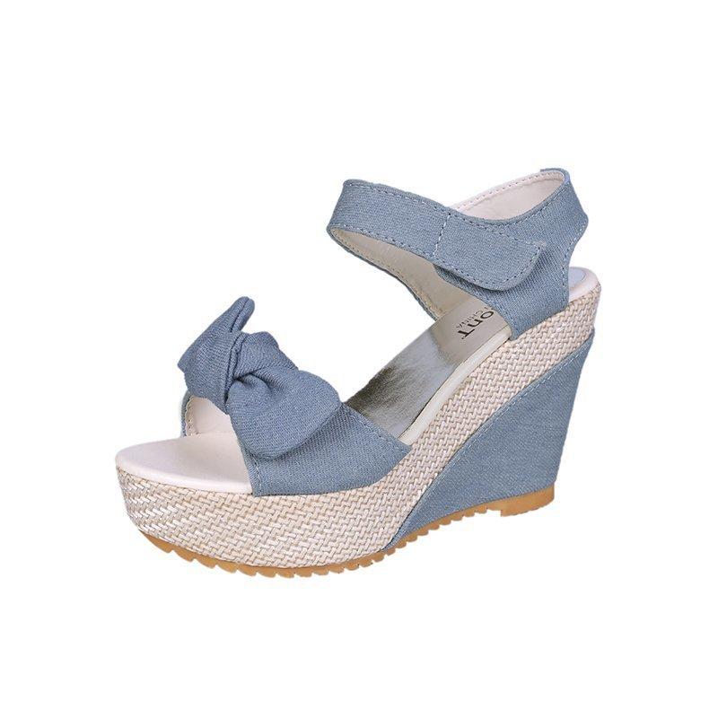 Женские Джинсовые Сандалии на Платформе Модные Банты Разноцветные Танкетки Высокие Каблуки Женские Сандалии Повседневные Вечерние Женская Обувь