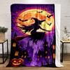 Halloween Witch Flying Over Haunted Town Flannel blanket for bedroom, living room, sofa, and nap sofas.