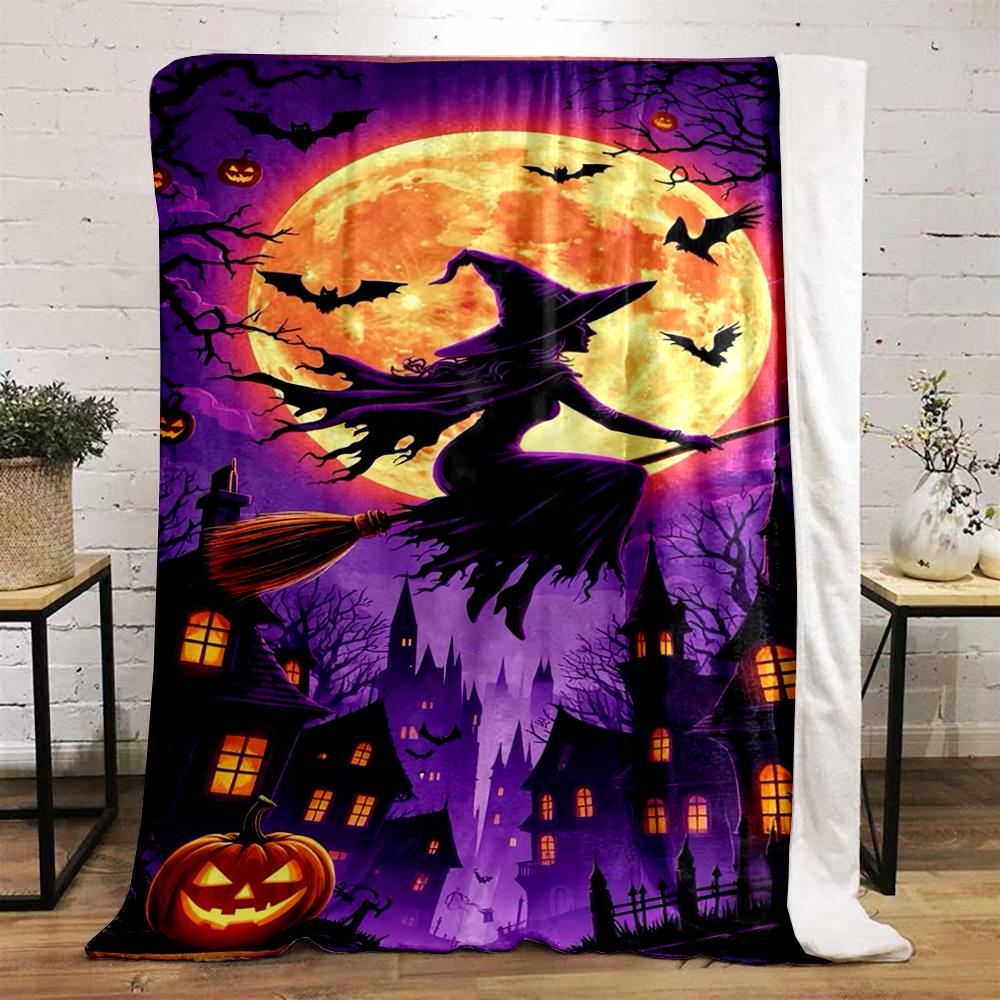 Halloween Witch Flying Over Haunted Town Flannel blanket for bedroom, living room, sofa, and nap sofas.