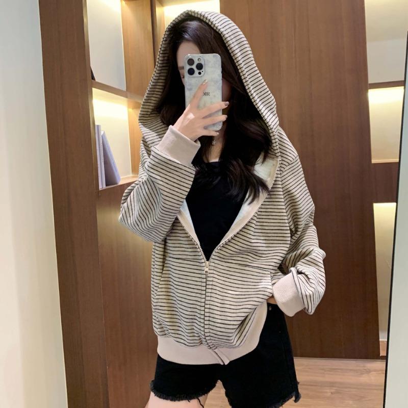 Women S Striped Zip Up Loose Fit Hooded Sweatshirt