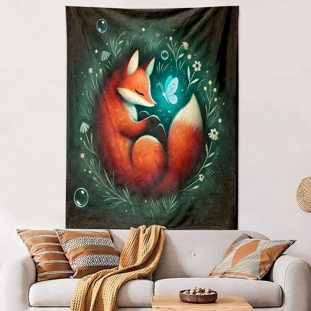 Dreamy Fox and Glowing Butterfly Patterned Tapestry Decorative Wall Hanging, Home Bedroom Living Room Decor