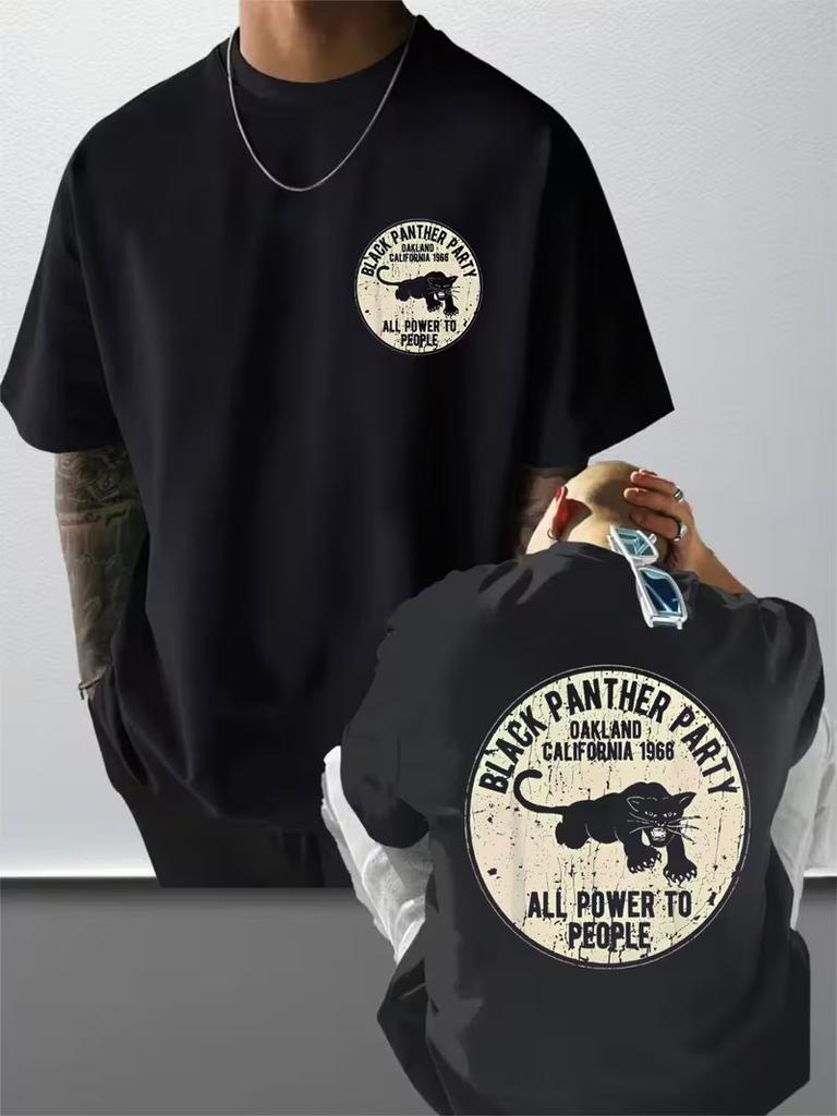 Men's 180g100% Cotton T-Shirt - Black Printed Short Sleeve Black Panther Party O