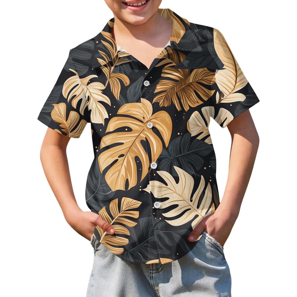 Boys' Short-sleeved Hawaiian Print Shirt, Children's Summer Button-down Shirt
