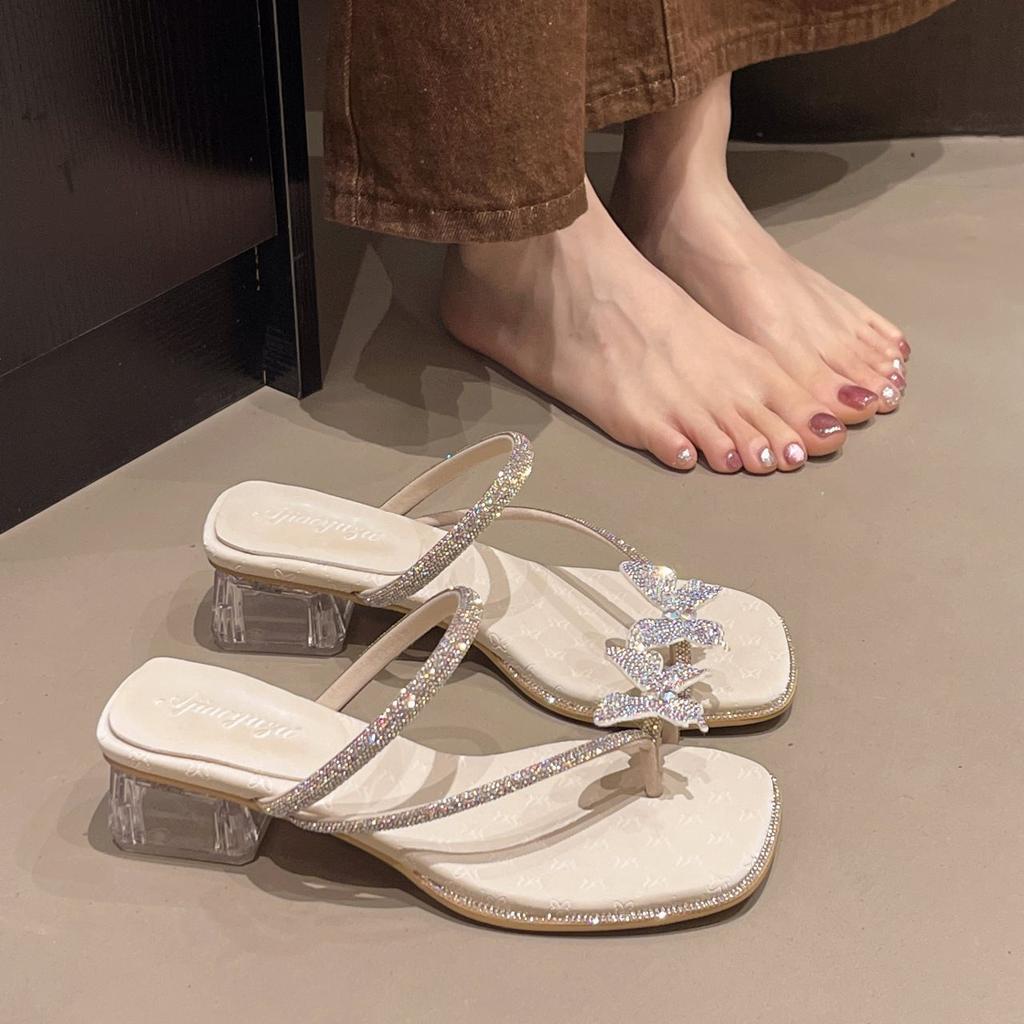 New Slippers Female Summer Wear French Butterfly Fairy Rhinestone 2025 Wind with Cool Slippers Skirt Cover Beautiful Toes