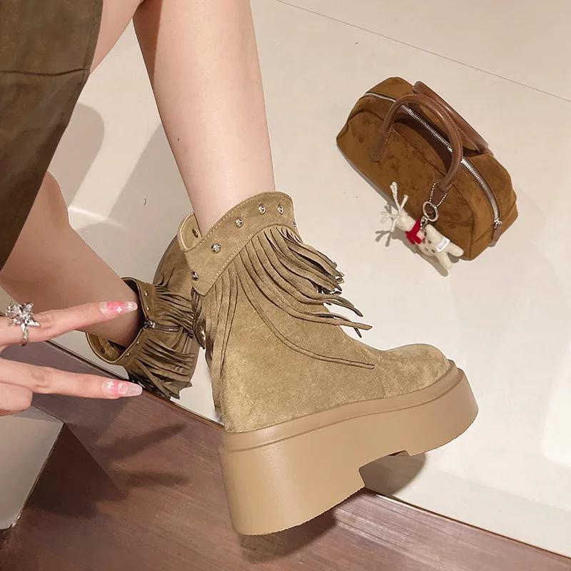 Ботинки на платформе с кисточками для женщин, осенне-зимние женские сапоги, замшевые, с круглым носком, на толстом высоком каблуке, короткие женские сапоги в стиле ретро