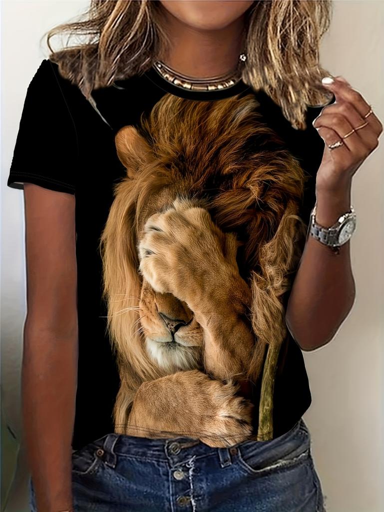 Summer Women's Casual Short Sleeve T-Shirt Vibrant Lion Geometric Print Fashion Casual Tops Tees Y2k Versatile Women's Clothes