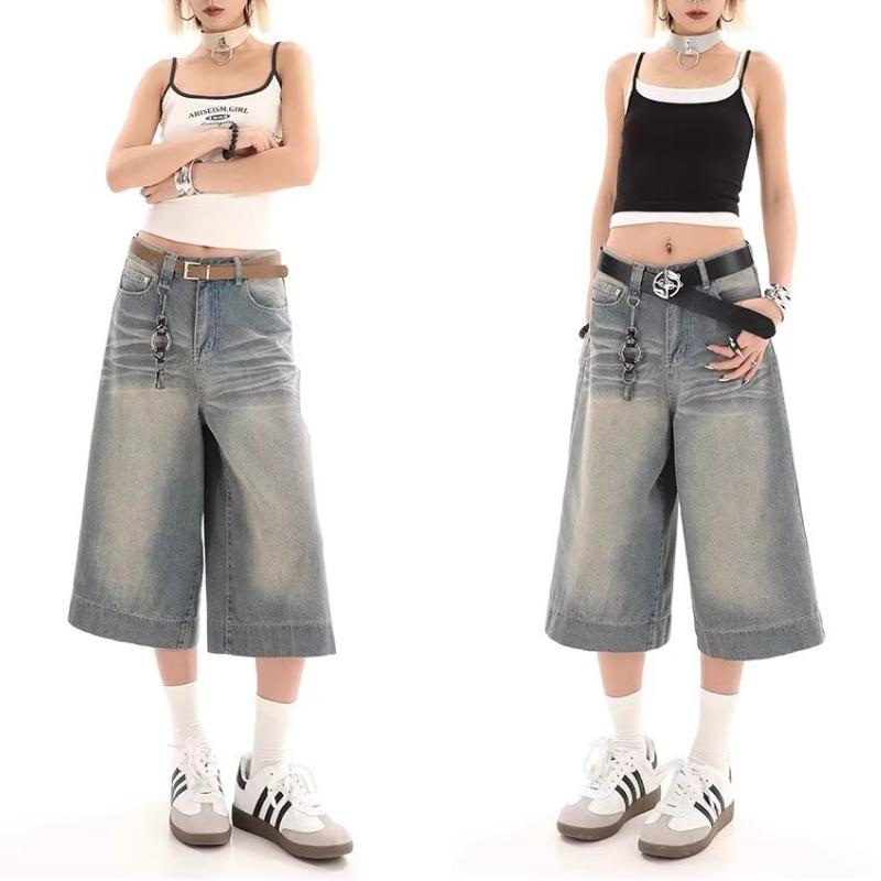 Джинсовые шорты с текстурой кошачьих усов в стиле ретро, женские винтажные широкие брюки в американском стиле, уличные летние женские свободные короткие джинсы с высокой талией в стиле ретро Y2k