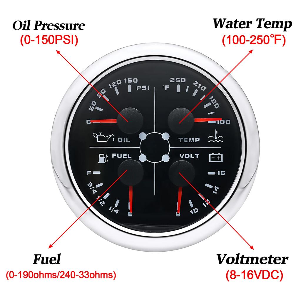 85mm 4 in 1 Multifunction Gauge with 0-190ohms/240-33ohms Fuel Level Gauge 40-120℃ Water Temp 0-10Bar Oil Press 8-16V Voltmeter