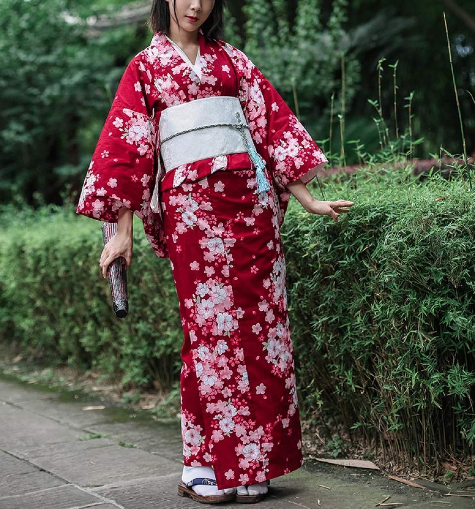 Getz Flowing Cherry Blossom with a Plain Elegant One Size Fits Set with Perfect for Fireworks Summer Bon and and Perfect for Women's Yukata, Red,