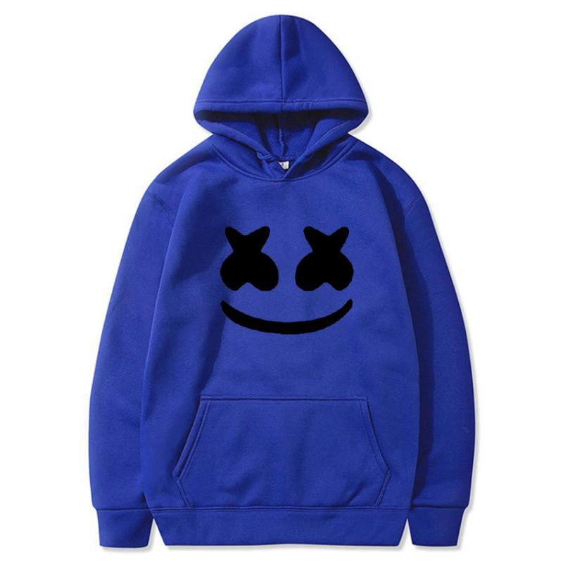 Mens Marshmello Smiley Face Hooded Sweatshirt Loose Fit Cotton Blend Winter Pullover