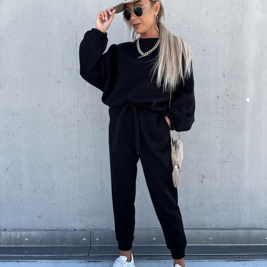Женский однотонный костюм с длинным рукавом и круглым вырезом, свободный топ, широкие брюки, осень-зима