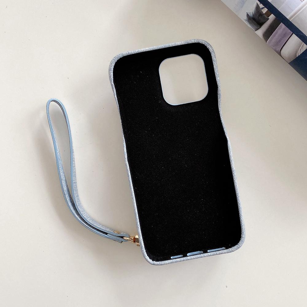 For iPhone 14 Pro Max Case Card Slots Mirror Design Jeans Cloth Texture PU Leather Back Cover with Strap