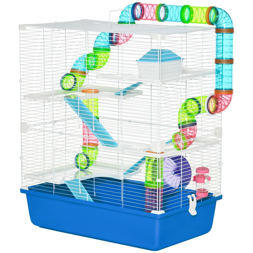 5-Tier Hamster Cage with Tubes, House, Tank and Wheel, Made of Steel, PP and PS, 59x36x69 cm, Blue and White
