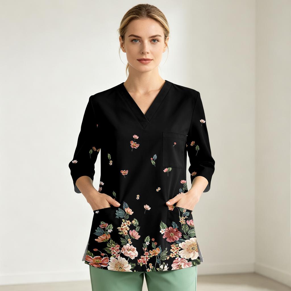 Женский топ для униформы, цветной, с V-образным вырезом, карманом и боковым разрезом, рукав 3/4