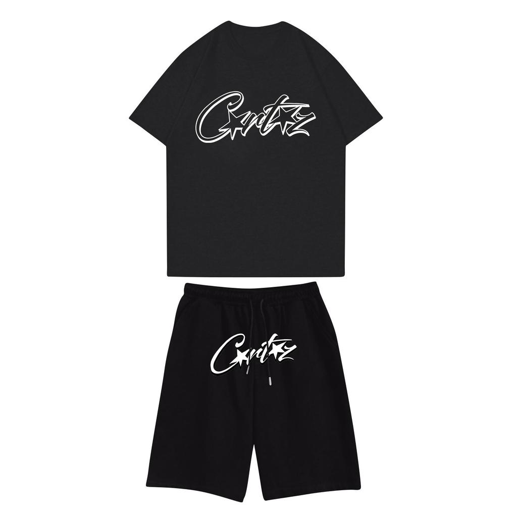 Унисекс комплект для бега, летняя повседневная футболка с короткими рукавами и круглым вырезом с принтом + шорты, спортивный костюм