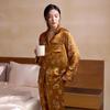 New 100% mulberry silk digital spray painted lapel long sleeved commuting home suit set for women's silk pajamas