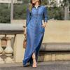 Women Casual Denim Shirt Dress Long Sleeve Button Down Collar Flip Tie Pocket Long Skirt Comfortable New Fashion Autumn