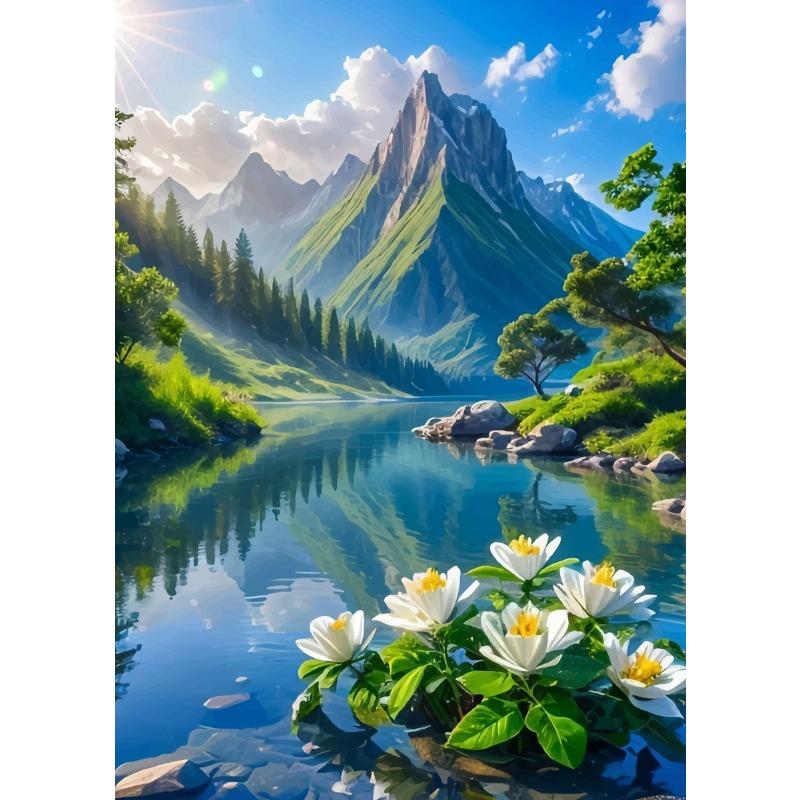 Природный Пейзаж Лес Цветок Хижина Ручей Водопад Деревья Вид на Горы Постер Холст Живопись Настенное Искусство Картины Домашний Декор