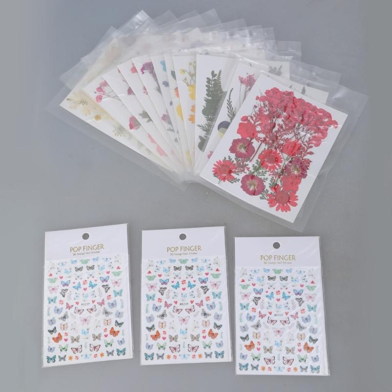 495Piece Dried Flower Craft Set Including Pressed Blooms and Butterfly Stickers for Resin Art and Journal Decorating