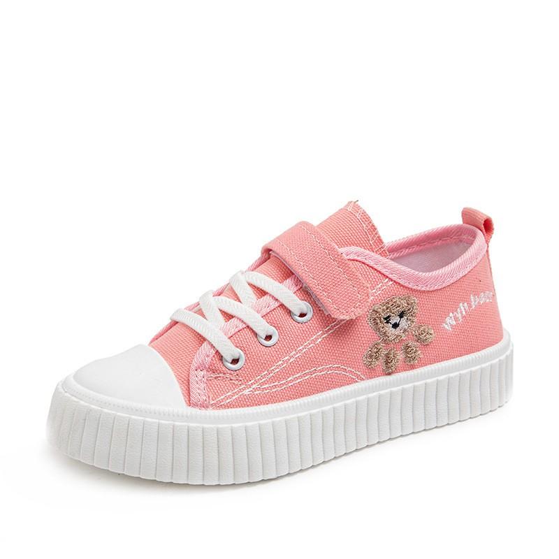 Kids Canvas Sneakers Boys Girls Breathable Low-Top Casual Shoes With Hook Loop White Black Pink