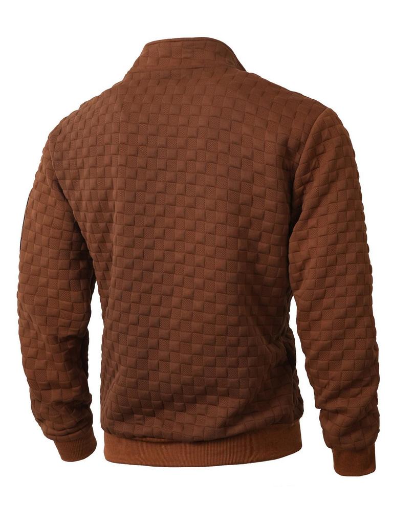 Европейский и американский мужской стеганый вязаный пуловер: Повседневная худи на молнии с воротником-стойкой, вафельной клеткой и жаккардовым узором