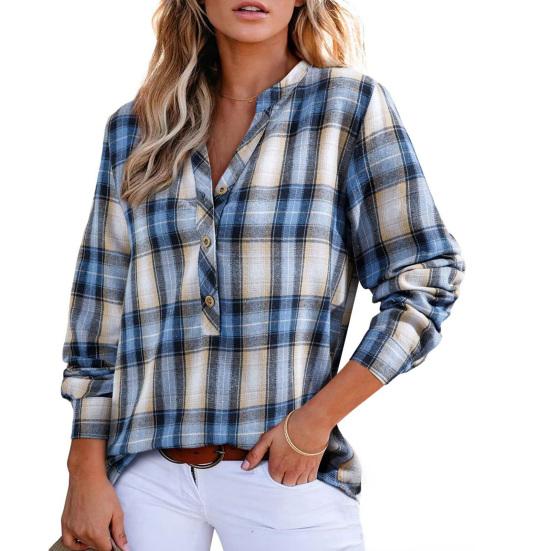 Женская рубашка с V-образным вырезом, на пуговицах, с полупланкой, длинным рукавом, пуловер, клетчатый узор, повседневная, обычного кроя, офисная