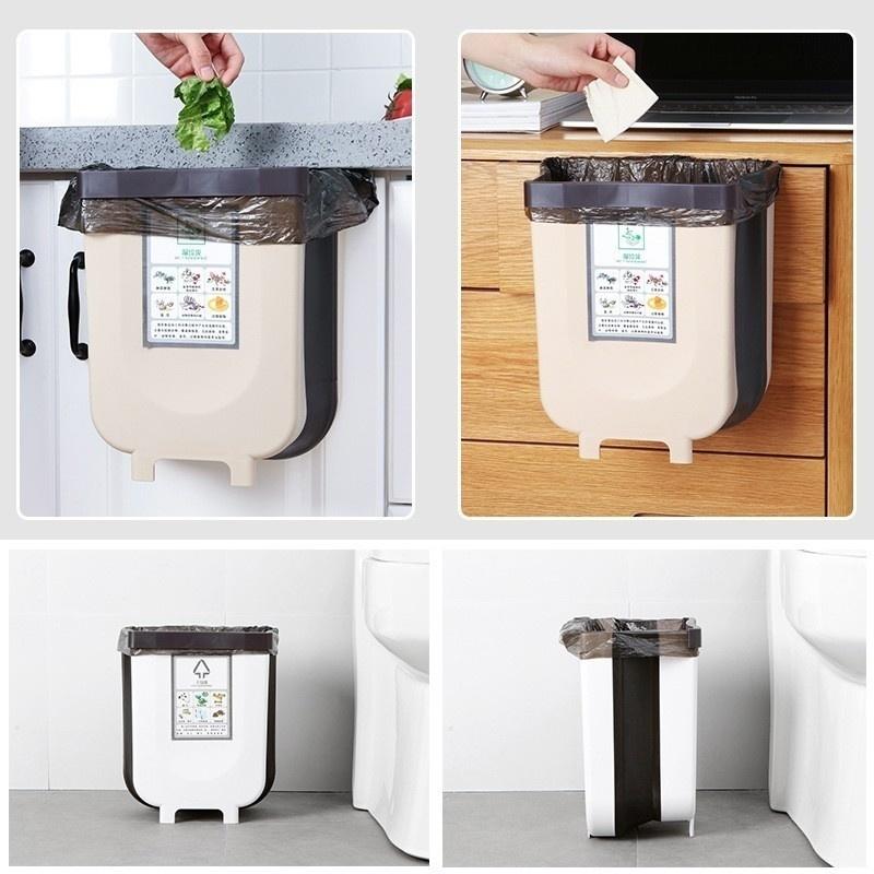 Folding Trash Can Kitchen Cabinet Door Hanging Waste Bin Wall Mounted Trashcan Space Saving Garbage Box for Bathroom Toilet Waste Storage(Size S/L)