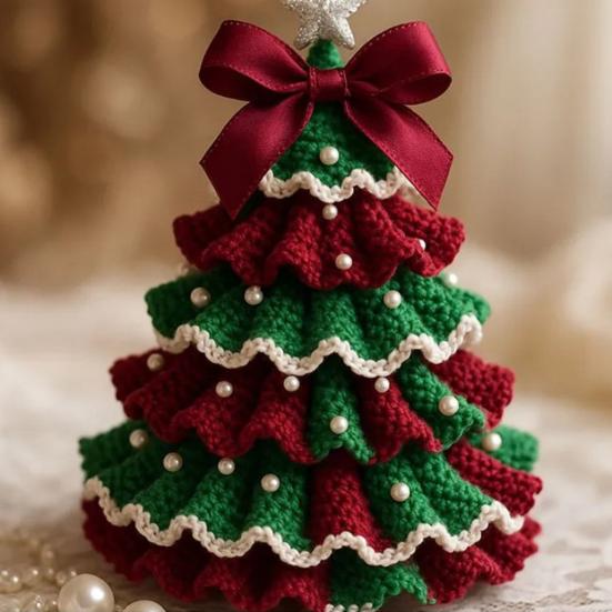 DIY Crochet Christmas Tree Kit Small Xmas Tree Craft Kit with Bow And Faux Pearl Handmade Holiday Decoration for Beginners