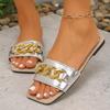 Мода Мода Золотая Цепь Декор Женские Шлепанцы Лето Квадратный Носок Плоские Сандалии Женские Удобные Нескользящие Пляжные Слайды Вьетнамки