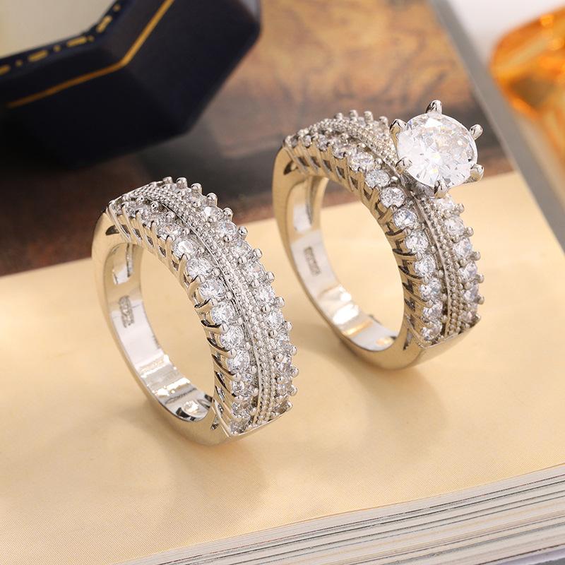 New Classic Bridal Sets Ring 2 Piece Set with Sparkling Cubic Zircon Elegant Diamond Ring Wedding Party Jewelry