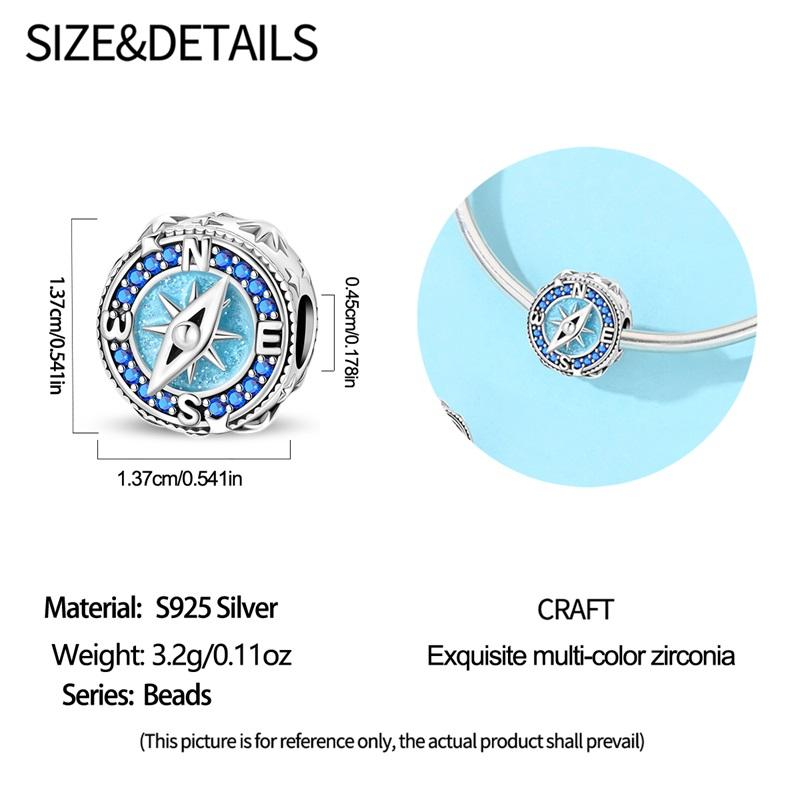 925 Silver Compass Charms Beads Sparkling CZ Zircon Dangle Fit Original Bracelet DIY For Women Travel Jewelry Gifts