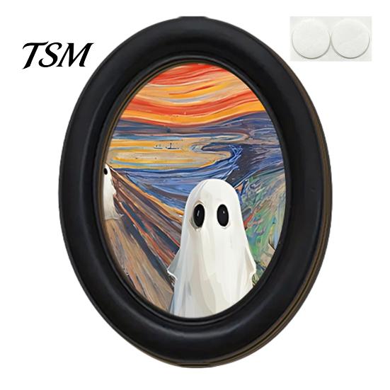 Modern Wall Art Decor Funny Ghost Halloween Art, Vintage Spooky Framed Painting, Small for Studio Cute Oval Home Bedroom Washroom Decoration