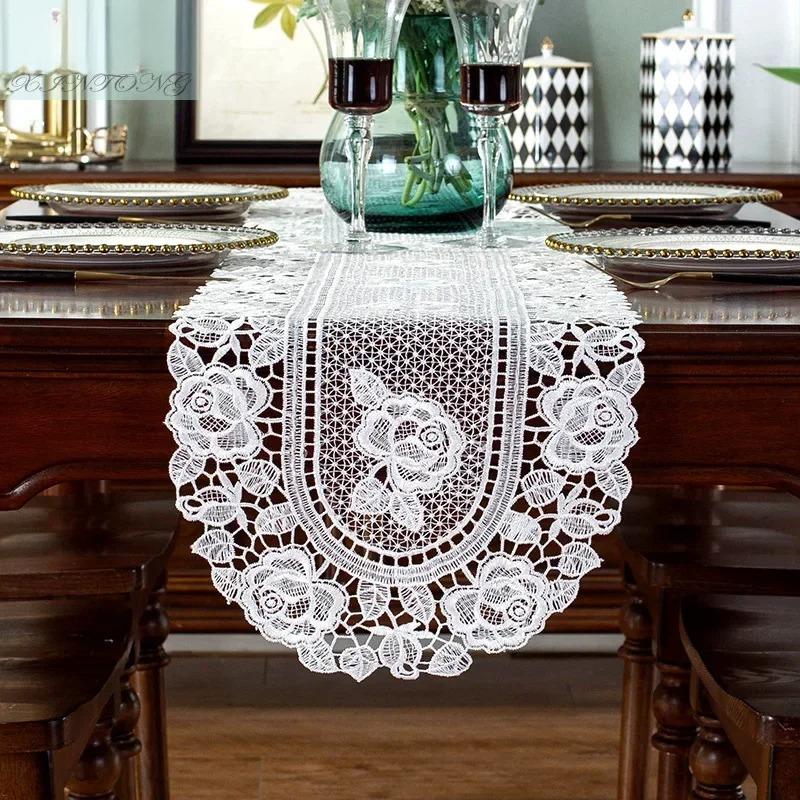 Lace Table Runner Luxury White Wedding Place Tables Runner Home Table Embroidery Hollow Romance TableCover Table Mat Decoration