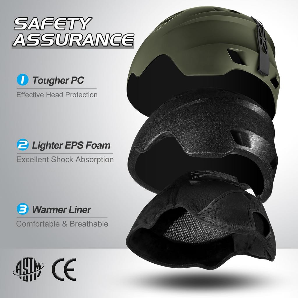 Odoland Лыжный шлем Визор Шлем для сноуборда Совместимый с очками OTG Поставляется с очками Регулируемый размер Взрослый Зеленый S Мужской Женский