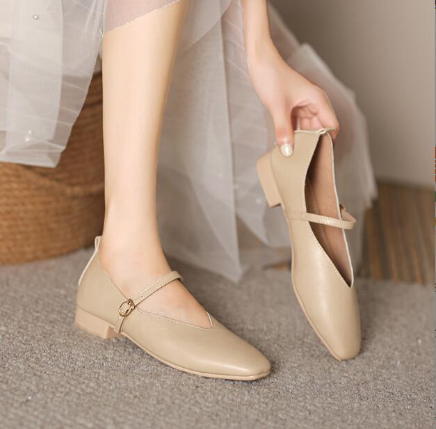 Woman Elegant French Square Toe Mary Janes Casual Flats Female Summer Loafer Shoes Woman Retro Low Heeled Soft Soled Flat Shoes