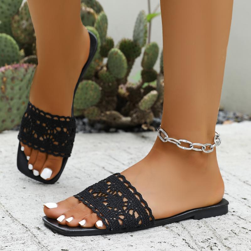 Fashion Sexy Knitted Lace Strap Breathable Slides Square Toe Flat Heel Slip On Sandals Women Summer Fashion Light Weight Beach Slippers