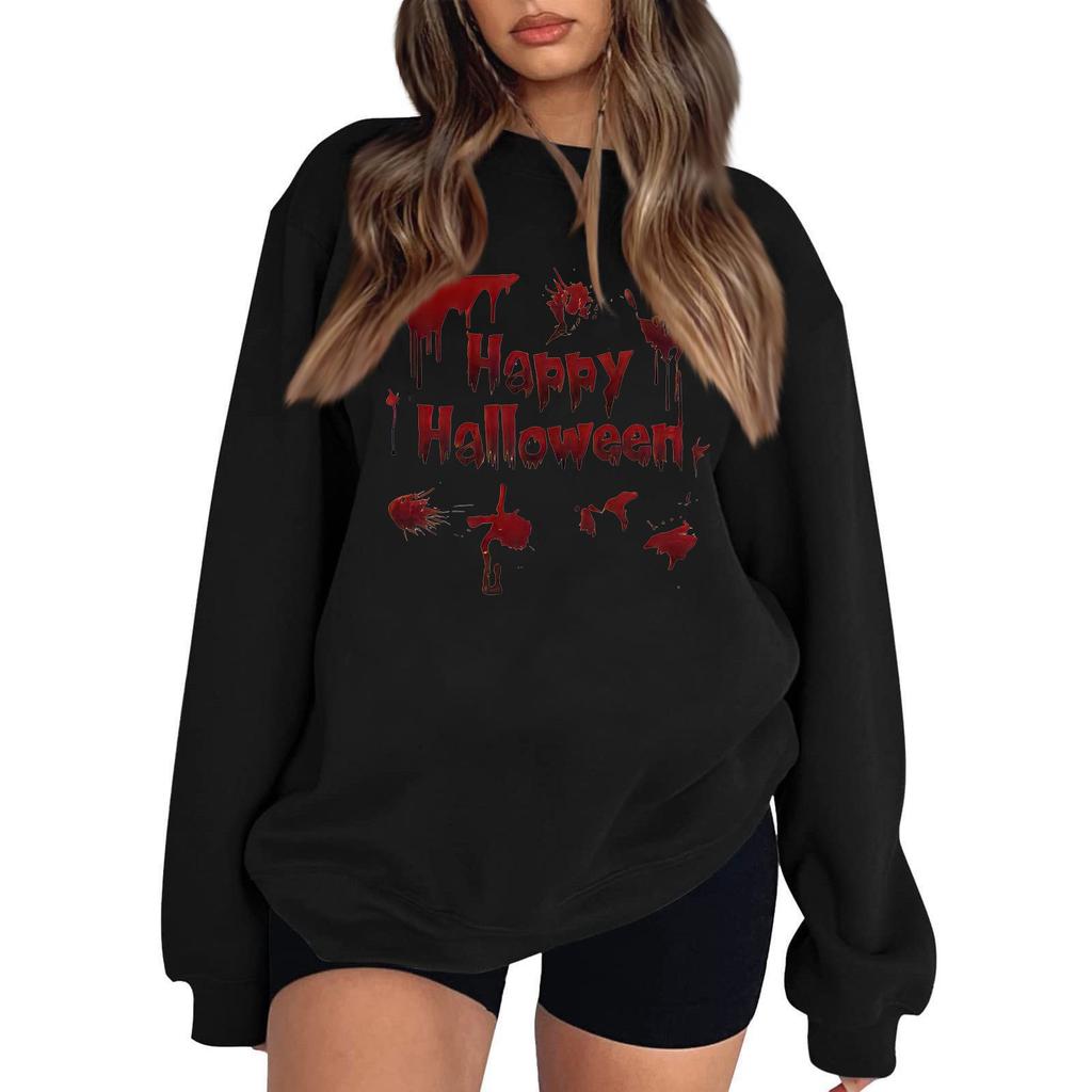 Women's Casual Round Neck Long Sleeved Pullover, Halloween Printed Top, Long Sleeved Hoodie
