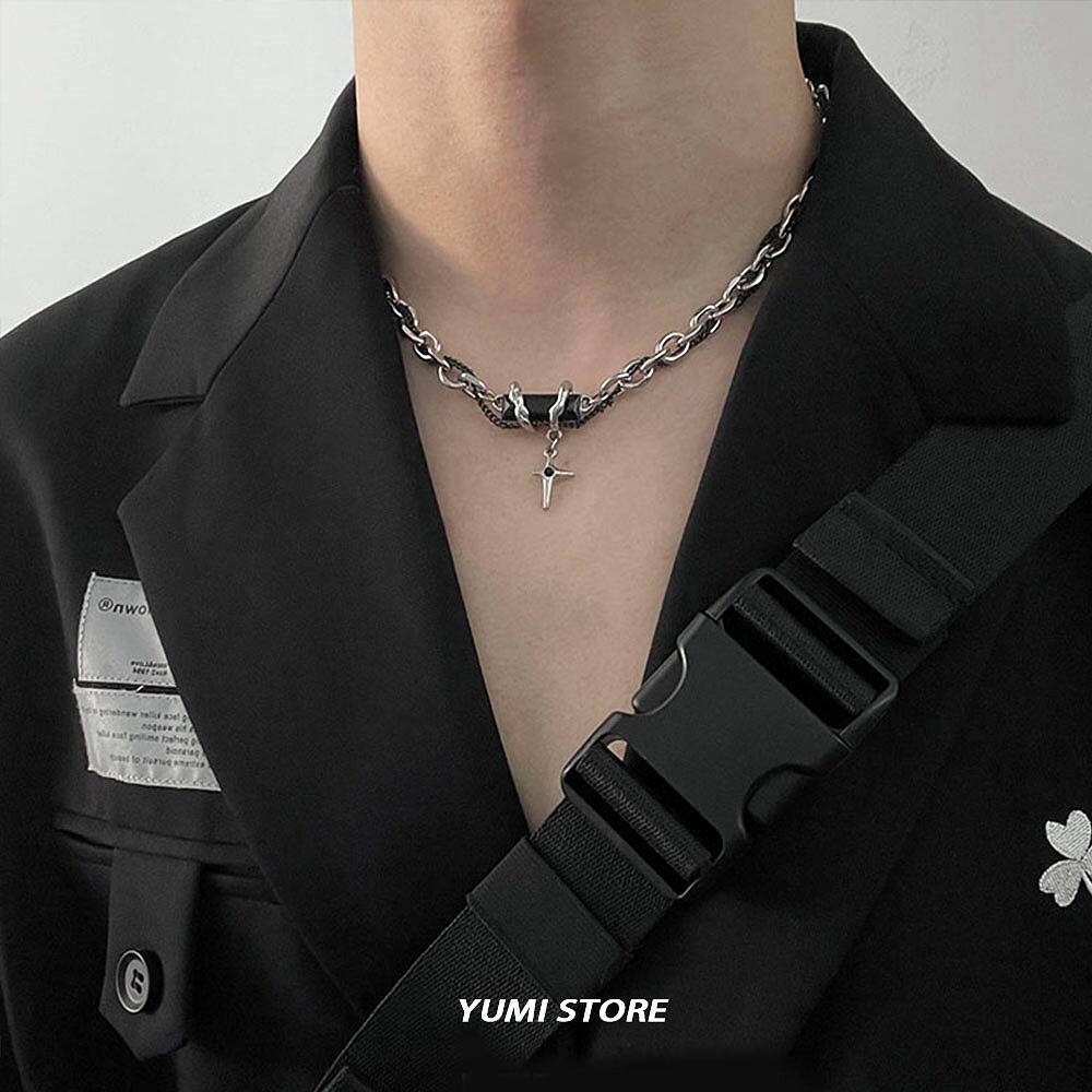 Ожерелье из титановой стали со звездой и крестом для мужчин и женщин в стиле хип-хоп, подвеска в виде черного циркония, цепочка для свитера, ювелирные изделия, новые аксессуары Kpop