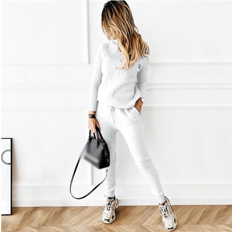 Women's Solid Color Sweater Set Fashion Casual Thread Turtleneck Pullovers Elastic Trousers Knitted Two Piece Sets Autumn Winter