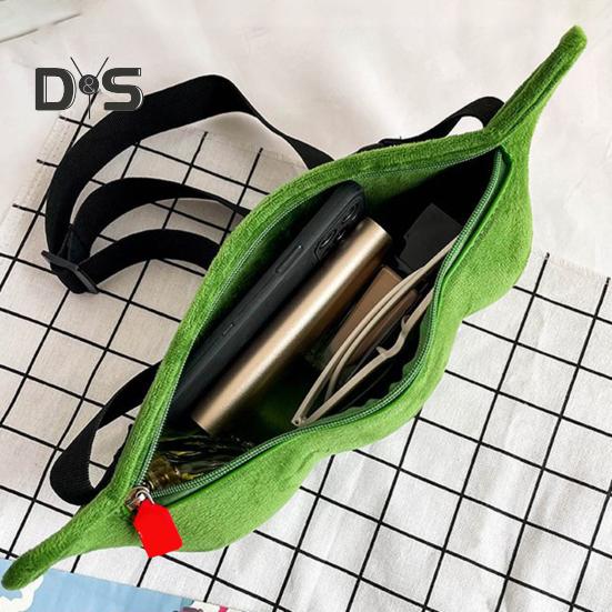 Сумка через плечо в форме зеленой сои, плюшевая сумка на молнии, нагрудная сумка с регулируемым ремнем для походов и активного отдыха на свежем воздухе