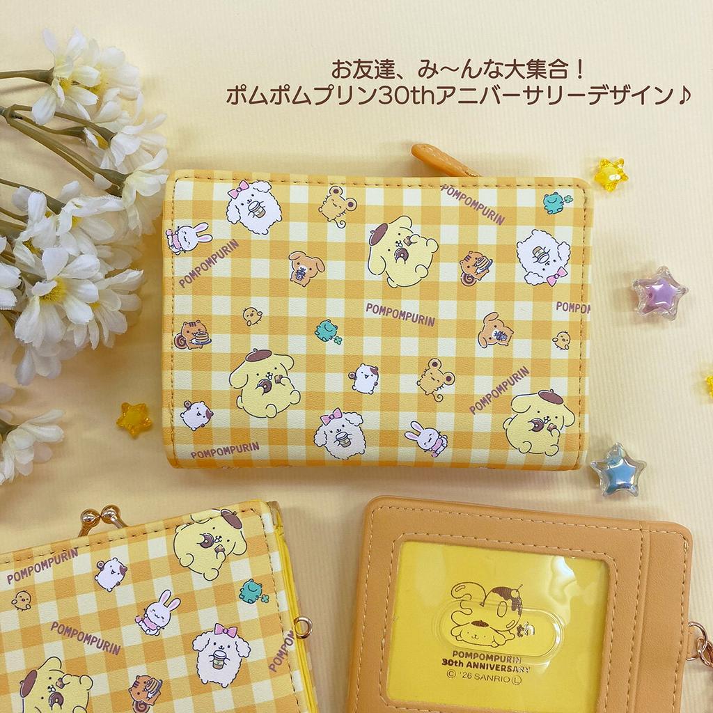 Официальный кошелек Pompompurin Sanrio к 30-летию, желтая клетка клевер, монетница, кошелек для купюр LF, держатель для проездного на катушке, держатель для поездок на работу, милые товары, подарок